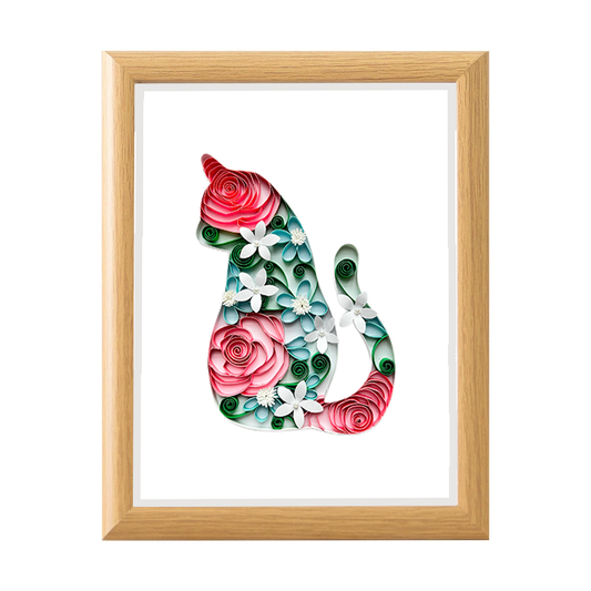 Silhouette de chat et de fleur en quilling - Art du papier, cadeau pour les amoureux des chats, art du quilling en papier fait main, chat 3D